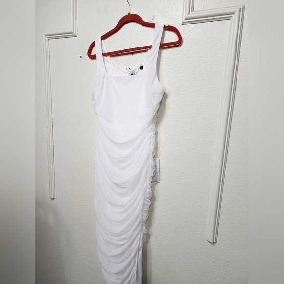 Lulus V.I.P. Treatment White Mesh Ruched Bodycon Midi Dress S Wedding Party - Picture 7 of 8